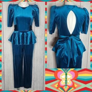 VTG 80s Teal Velvet Peplum Waist Jumpsuit with Open Back, size 5